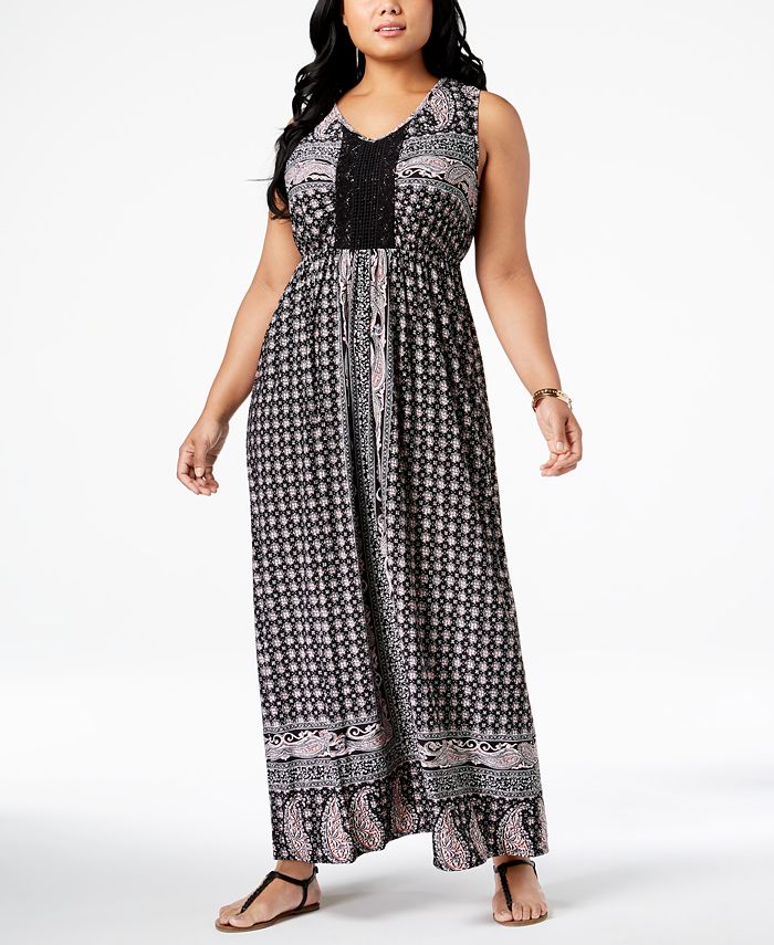 Style & Co Plus Size Printed Crochet-Trim Empire-Waist Maxi Dress ...