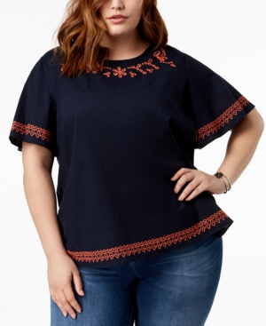 TOMMY HILFIGER PLUS SIZE COTTON EMBROIDERED-TRIM TOP
