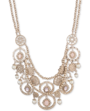 MARCHESA GOLD-TONE STONE, IMITATION PEARL AND PAVE MULTI-ROW STATEMENT NECKLACE, 16" + 3" EXTENDER