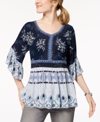 Style & Co - Mixed-Print Crochet Peasant Top