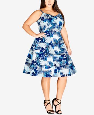 CITY CHIC - Trendy Plus Size Blue Hawaii Printed Fit & Flare Dress