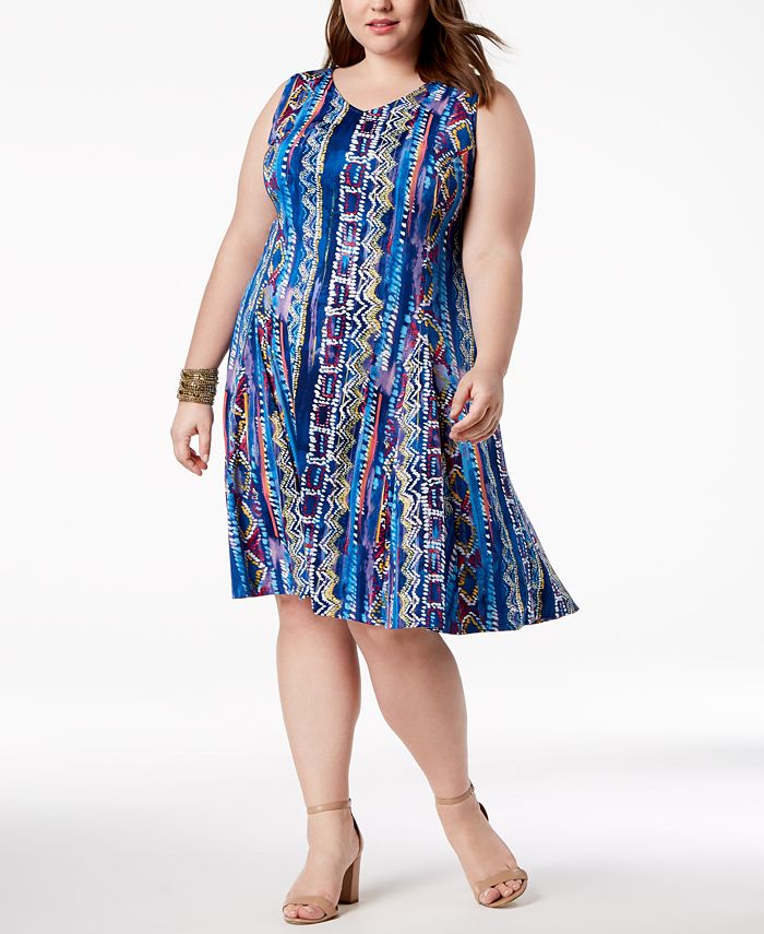 NY Collection Plus Size Geo-Print A-Line Dress - Macy's