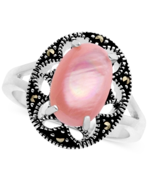 image of Marcasite and Pink Shell Filigree Ring in Fine Silver-Plate