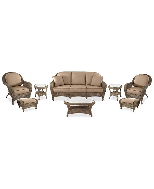 Sandy Cove Outdoor Wicker 8 Pc Seating Set 1 Sofa 2 Club Chairs 2 Ottomans 1 Coffee Table And 2 End Tables Custom Sunbrella Created For Macy S