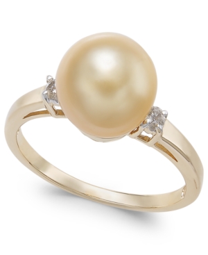 image of Cultured Golden South Sea Pearl (9mm) & Diamond Accent Ring in 14k Gold