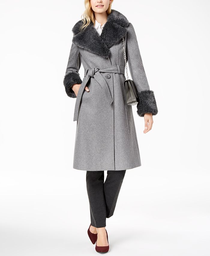 French Connection Belted Faux Fur Trim Coat Macy s