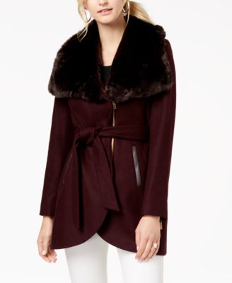 French Connection - Faux-Fur-Collar Belted Coat
