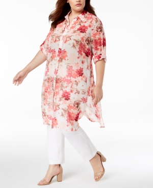 CALVIN KLEIN PLUS SIZE FLORAL-PRINT TUNIC SHIRT, CREATED FOR MACY'S