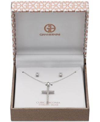 Cubic Zirconia Cross Pendant Necklace and Stud Earrings Set in Sterling Silver, Created for Macy's