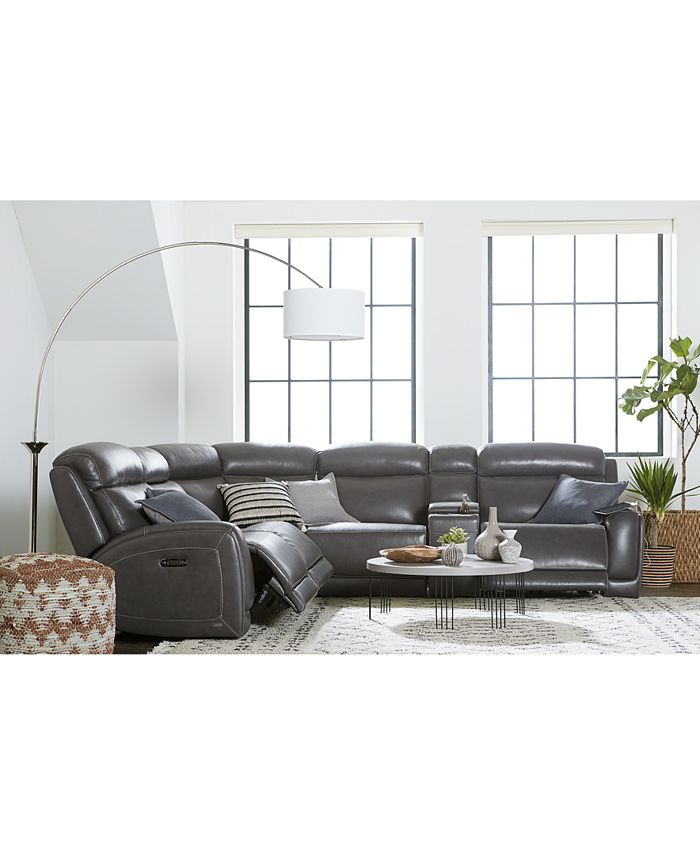Furniture Closeout Winterton Leather, Grey Fabric Power Reclining Sectional Sofa