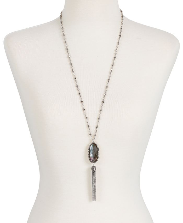Lucky Brand - Silver-Tone Mother-Of-Pearl-Look Beaded Lariat Necklace