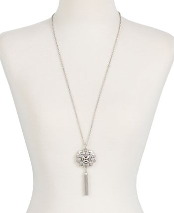Lucky Brand - Silver-Tone Floral Tassel Long Length Pendant Necklace