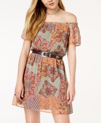 FISHBOWL - Juniors' Printed Belted Off-The-Shoulder Dress