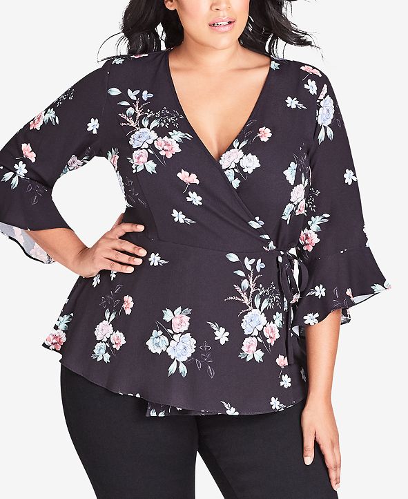 City Chic Trendy Plus Size Floral-Print Wrap Top & Reviews ...