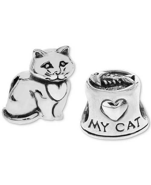 Rhona Sutton 2 Pc Set Heart My Cat Bead Charms In Sterling Silver