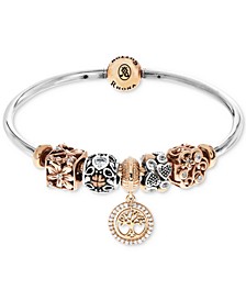 Cubic Zirconia Family Tree Charm Bangle Bracelet Gift Set in Sterling Silver 