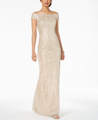 adrianna papell off the shoulder sequin beaded gown