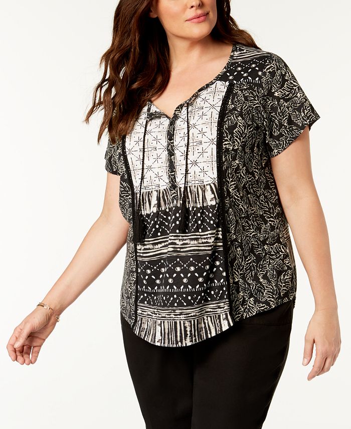 Style & Co Plus Size Mixed-Print Peasant Top, Created for Macy's ...