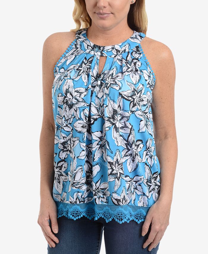 NY Collection Petite Printed Lace-Hem Halter Top - Macy's