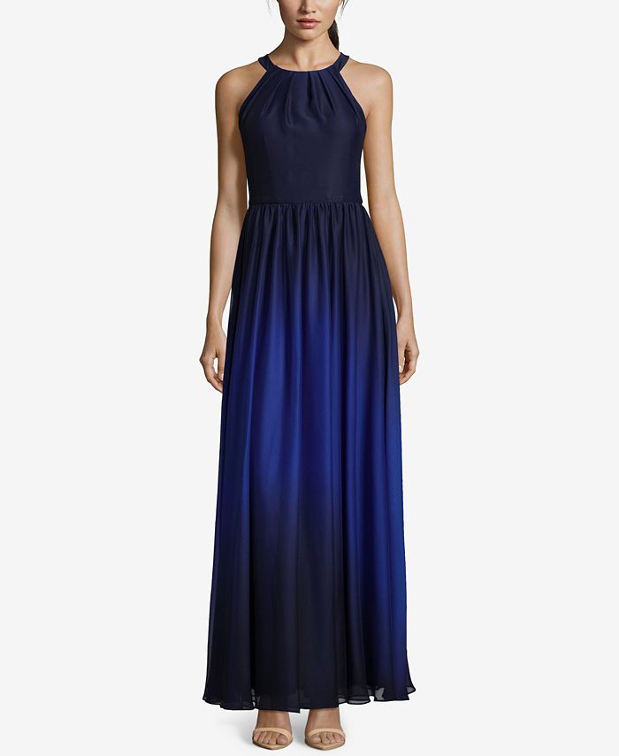 Betsy & Adam Women's Printed Chiffon Halter Gown Blue Size 4