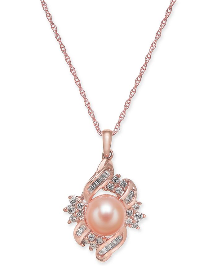 Macys Pink Cultured Freshwater Pearl 8mm And Diamond 38 Ct Tw 18 Pendant Necklace In 14k 5874