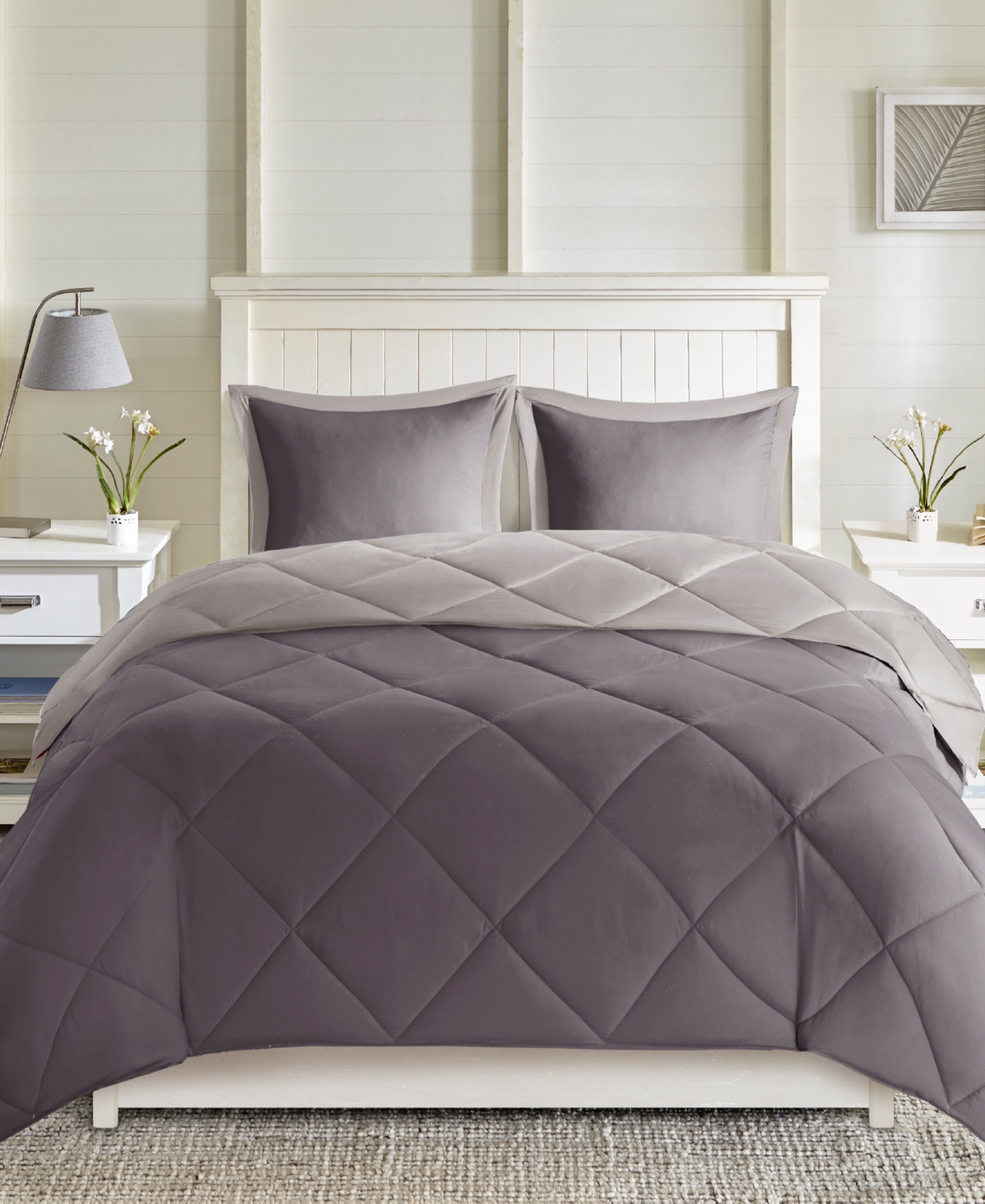 Shop Madison Park Essentials Larkspur Reversible 3-pc. Comforter Set, Full/queen In Charcoal,grey