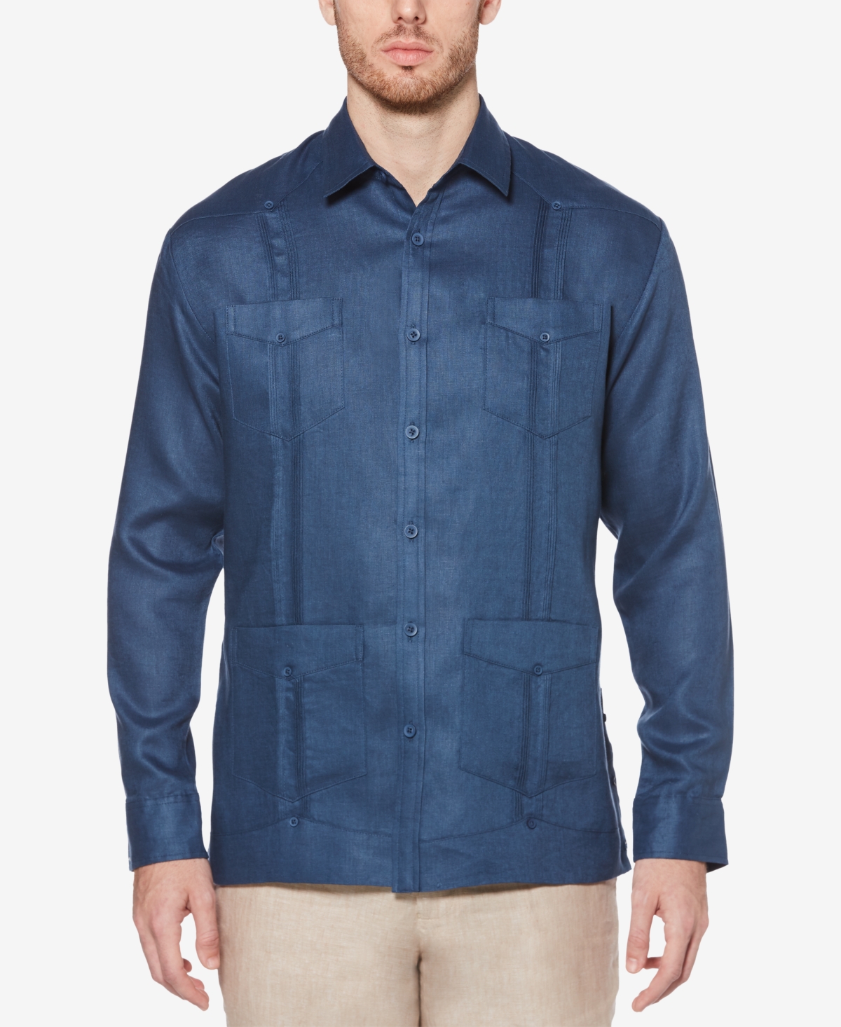 Men's 100% Linen Long Sleeve 4 Pocket Guayabera Shirt - Cashmere Blue