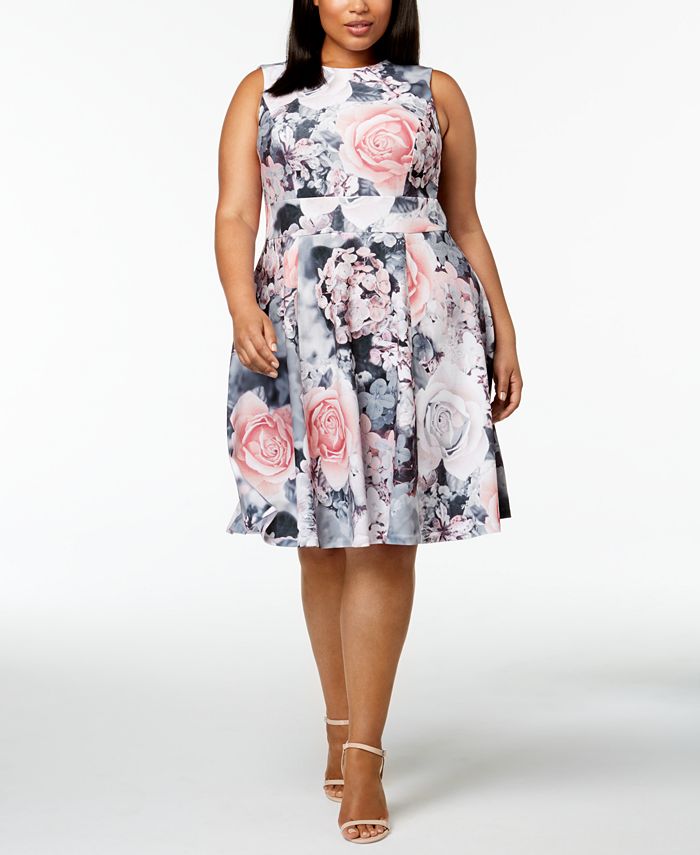 Calvin Klein Plus Size Floral-Print Fit and Flare Dress - Macy's