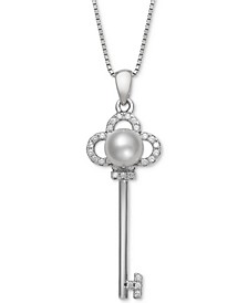 Cultured Freshwater Pearl (6mm) & Cubic Zirconia Clover Key 18" Pendant Necklace in Sterling Silver