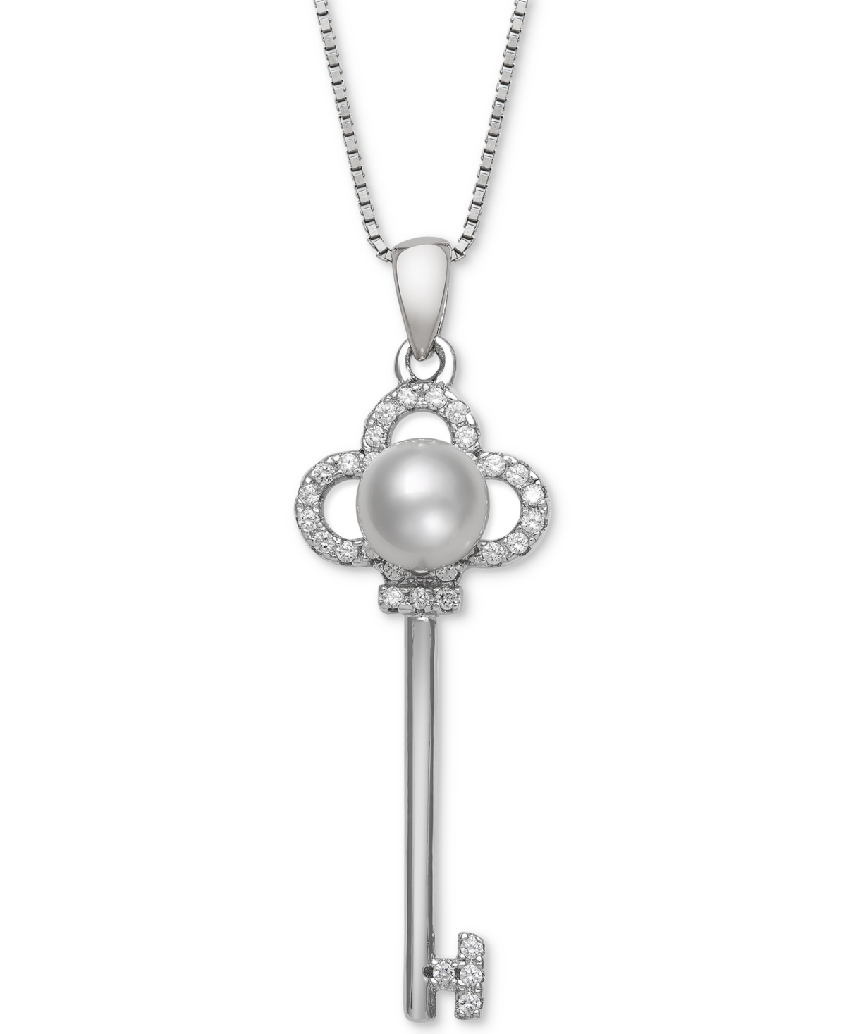 Cultured Freshwater Pearl (6mm) & Cubic Zirconia Clover Key 18" Pendant Necklace in Sterling Silver - Silver