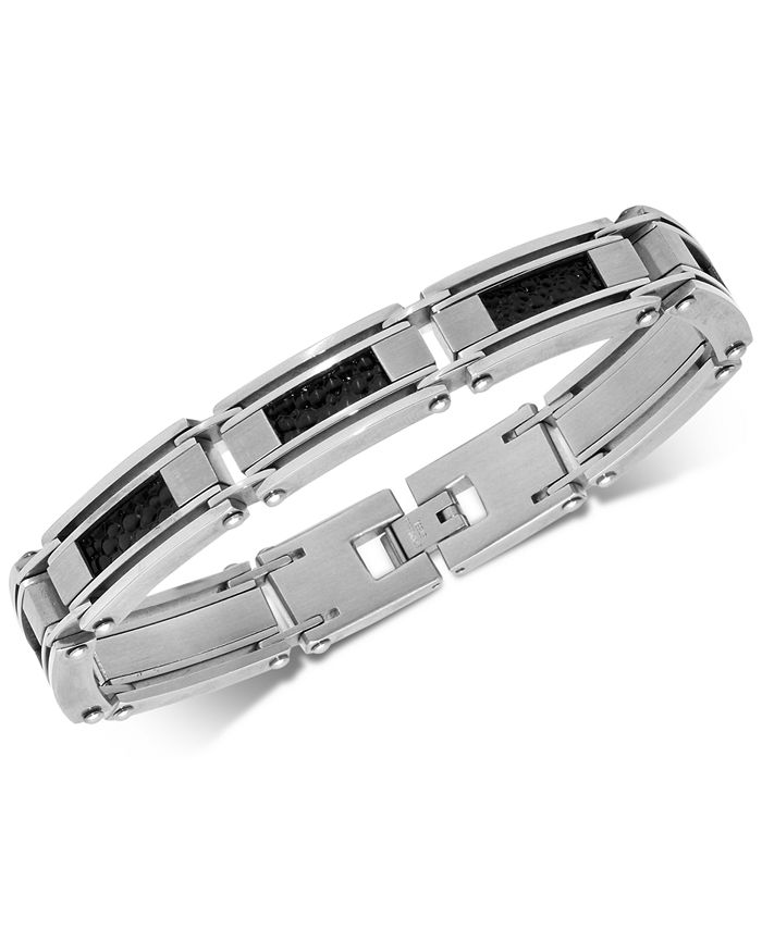 Macy's - Men's Leather Inlay Link Bracelet in Stainless Steel