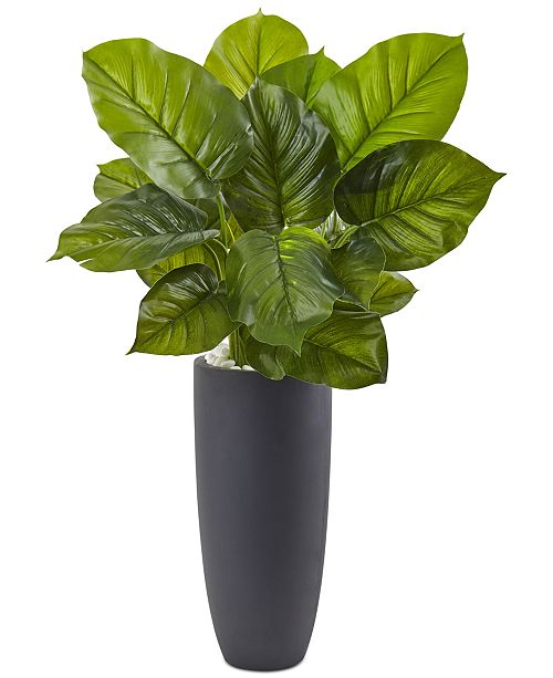 Nearly Natural Large Leaf Philodendron Artificial Plant in Gray Cylindrical Planter & Reviews