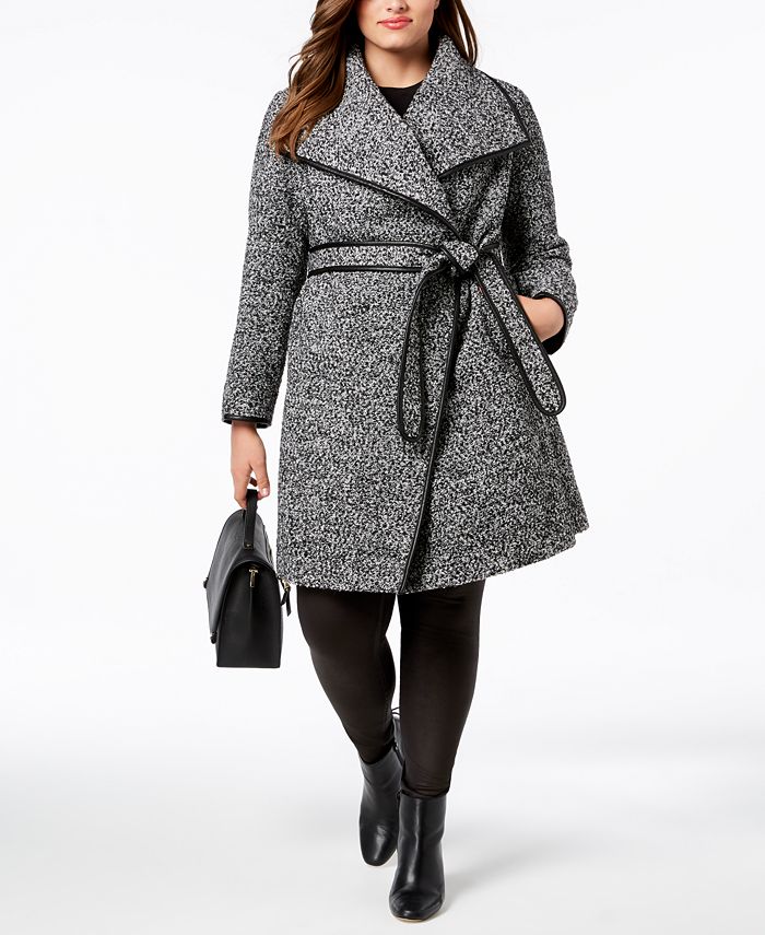 DKNY Plus Size Faux Leather Trim Wrap Coat Created for Macy s
