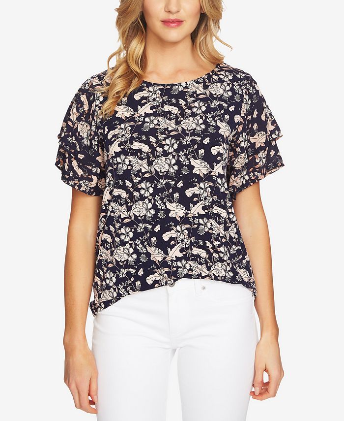 CeCe Floral-Print Tiered-Ruffle Sleeve Top - Macy's