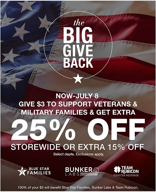 Give $3 To Support VETERANS & MILITARY Families & Get Extra 25% OFF at Macys