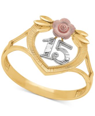 Macy's - Tricolor Quincea&ntilde;era "15" Rose Openwork Ring in 14k Gold, Rose Gold & Rhodium Plate