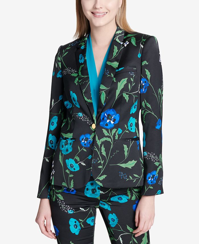 Calvin Klein Floral-Print One-Button Jacket, Regular & Petite & Reviews ...