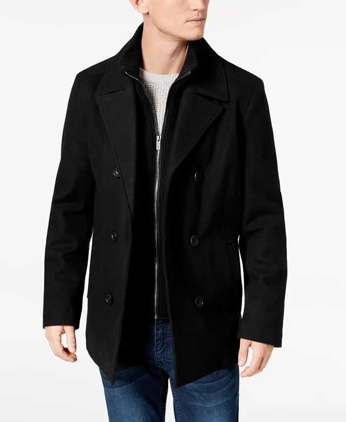 Men's Wool Blend Peacoat with Bib Coat