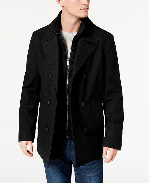 Kenneth Cole Men's Double Breasted Wool Blend Peacoat with Bib - Coats ...