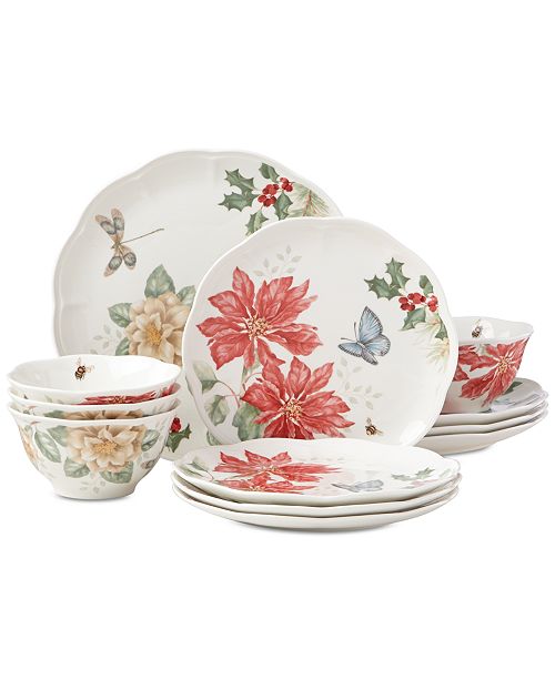 Lenox Butterfly Meadow Holiday 12Piece Dinnerware Set Poinsettias and