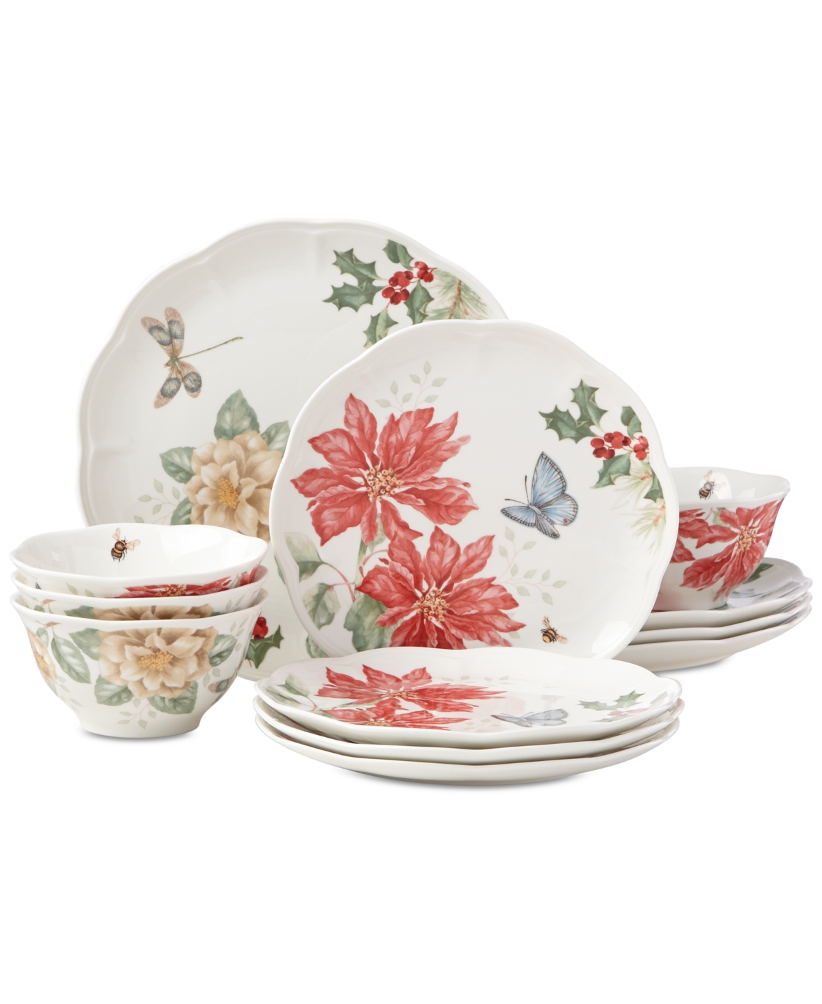 Butterfly Meadow Holiday 12 Pc. Dinnerware Set, Service for 4, Created for Macy's - White Porcelain Body With Multi Color De