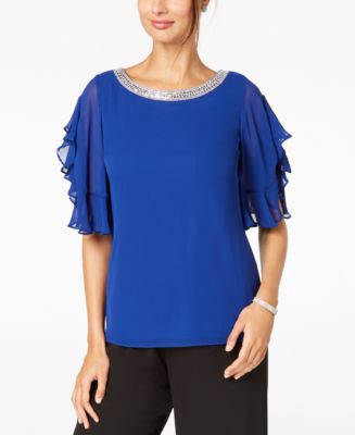 MSK Petite Rhinestone-Embellished Flutter-Sleeve Top - Macy's