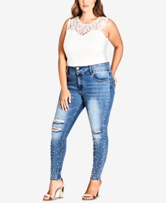 City Chic - Trendy Plus Size Pearl-Embellished Distressed Skinny Jeans