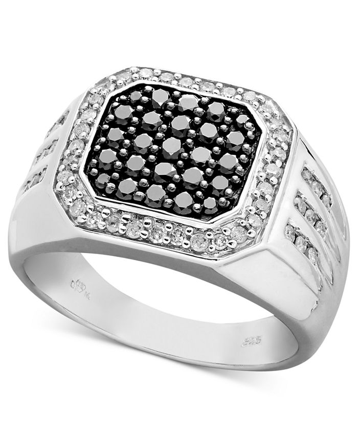 Macy's Men's Black and White Diamond Square Ring in Sterling Silver (1 ...