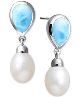 Marahlago - Freshwater Pearl (11 x 7mm) & Larimar Drop Earrings in Sterling Silver