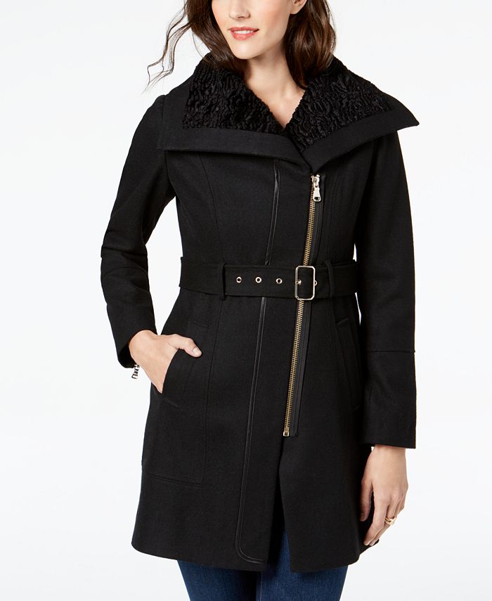 GUESS Asymmetrical Faux-Fur-Lined Walker Coat - Macy's
