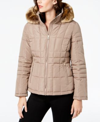 Calvin Klein Petite Faux-Fur-Trim Hooded Puffer Coat - Macy's