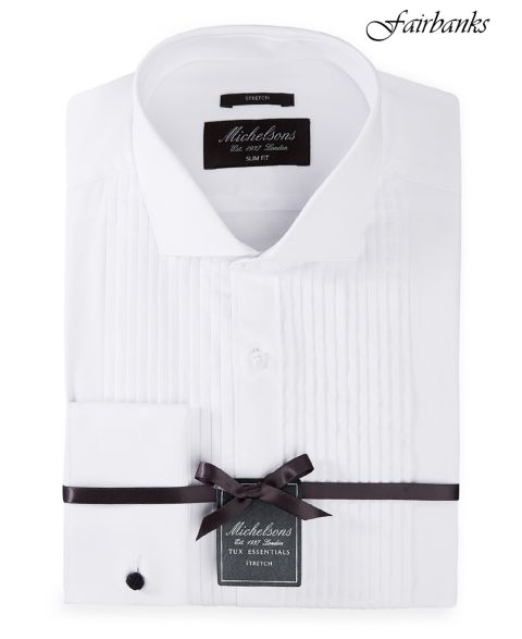 Мужская рубашка MICHELSONS OF LONDON Stretch Pleated Bib French Cuff Tuxedo Shirt, Regular & Slim Fit, цвет: Белый