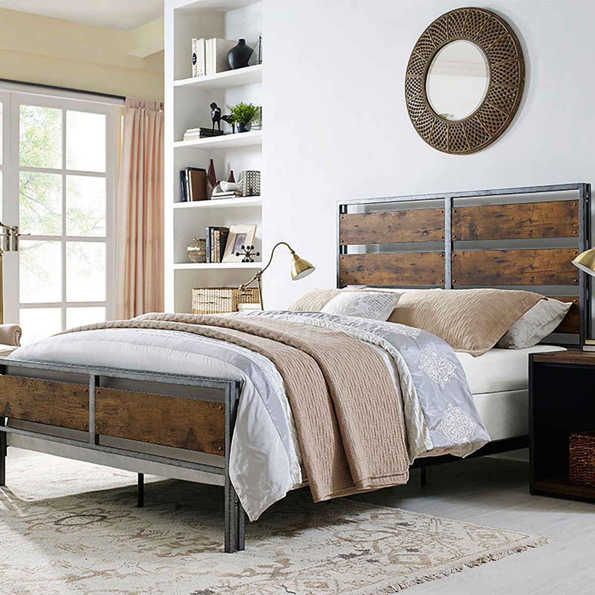 Walker Edison Size Metal and Wood Plank Bed