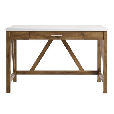 46" A-Frame Desk with White Faux-Marble Top and Walnut Base